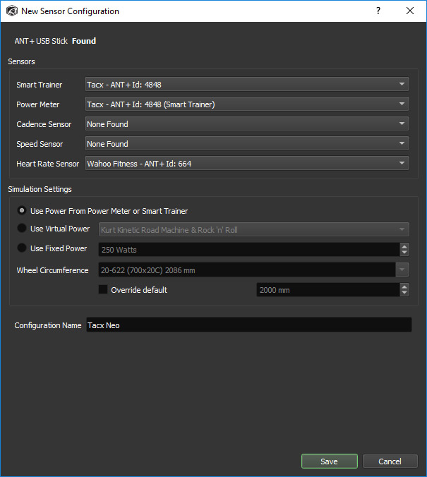 ANT+ sensor configuration screen